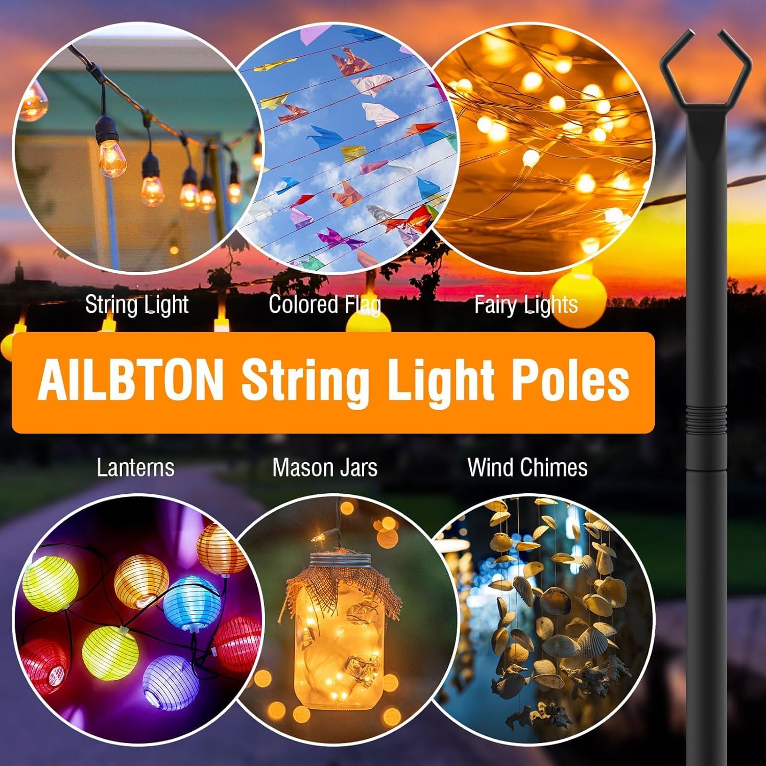 10 Pack 10Ft String Light Poles,Light Poles for Outside String Lights,Outdoor Light Poles with Fork,Metal Pole Stand for Patio,Backyard,Deck