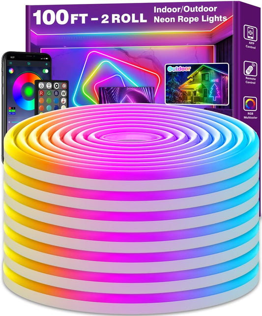 100Ft Neon Rope Lights,Flexible Led Rope Lights Control with App/Remote,Multiple Modes Rope Lights,IP65 Outdoor RGB Led Neons Lights,Music Sync Gaming Led Neon Light Strip for Bedroom Decor