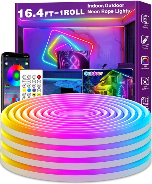 16.4Ft Neon Rope Lights,Flexible Led Rope Lights Control with App/Remote,Multiple Modes Rope Lights,IP65 Outdoor RGB Led Neon Light,Music Sync Gaming Led Neons Light Strip for Bedroom