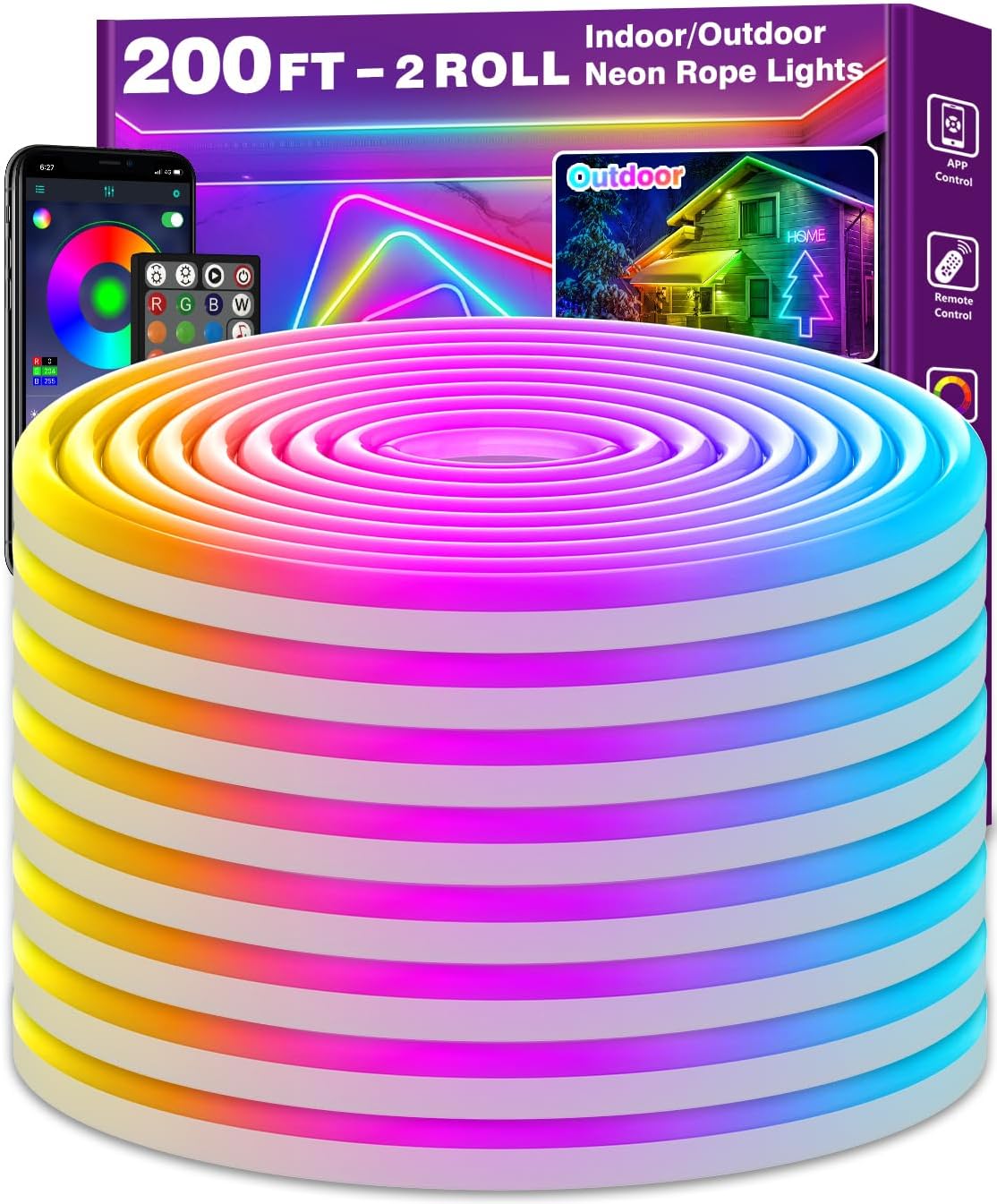 200Ft Neon Rope Lights,Flexible Led Rope Lights Control with App/Remote,Multiple Modes Rope Lights,IP65 Outdoor RGB Led Neon Light,Music Sync Gaming Led Neons Light Strip for Bedroom Decor
