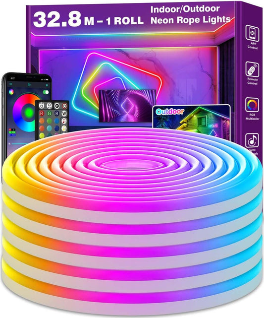 32.8Ft Neon Rope Lights,Flexible Led Rope Lights Control with App/Remote,Multiple Modes Rope Lights,IP65 Outdoor RGB Led Neons Lights,Music Sync Gaming Led Neon Light Strip for Bedroom Decor