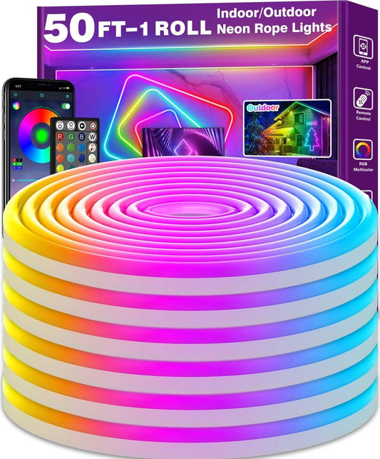 50FT Led Neon Rope Lights Control with App/Remote,Flexible Led Rope Light,Multiple Modes,IP65 Outdoor RGB Lights Waterproof,Music Sync Gaming Led Neon Strip Light for Bedroom Decor