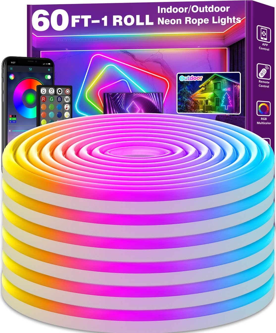 60Ft Neon Rope Lights,Flexible Led Rope Lights Control with App/Remote,Multiple Modes Rope Lights,IP65 Outdoor RGB Led Neons Lights,Music Sync Gaming Led Neon Light Strip for Bedroom Decor