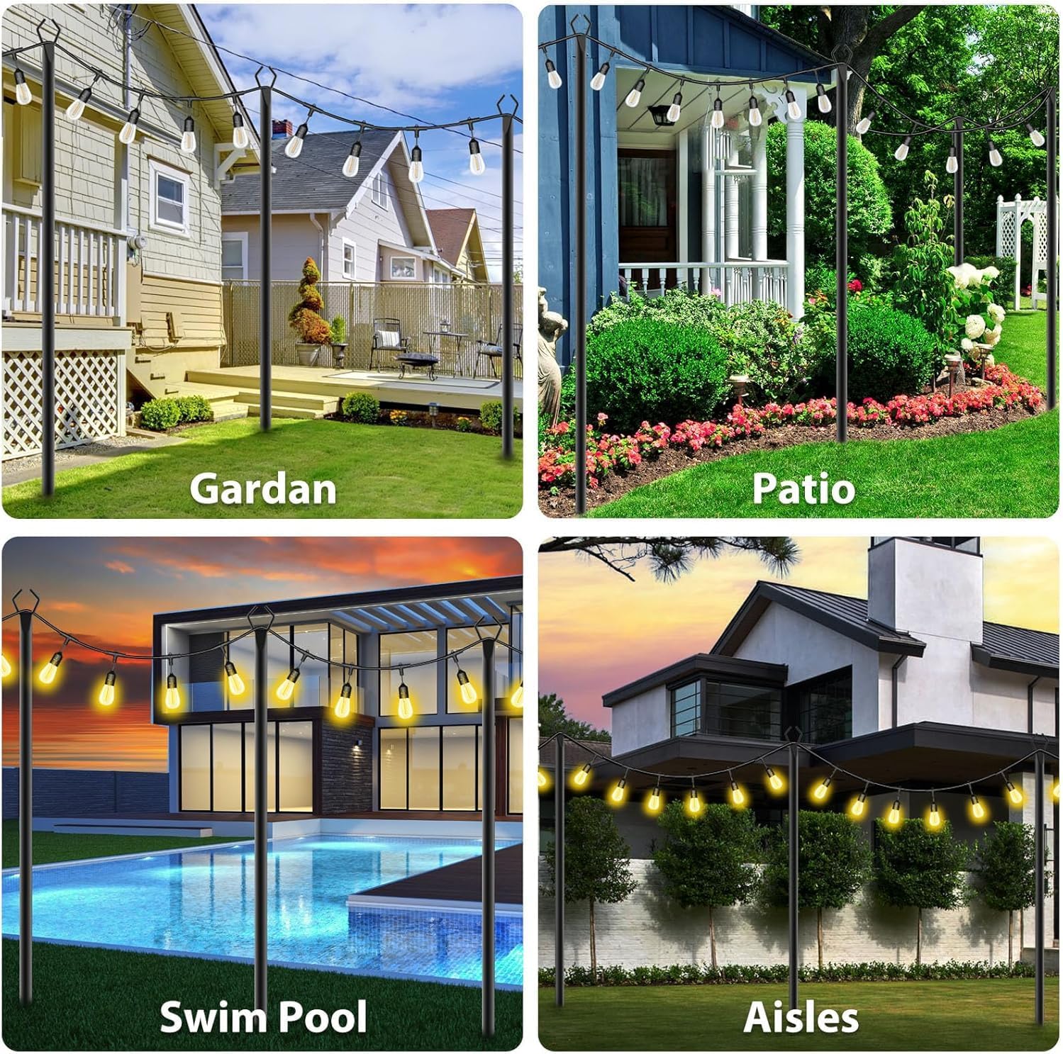 1.3FT 4 Pack Suspension Outdoor String Light Poles for Outside String Lights Hanging,with Clip and Holder,Light Post Mounting Stand for Patio Fence Wall Garden Backyard Deck