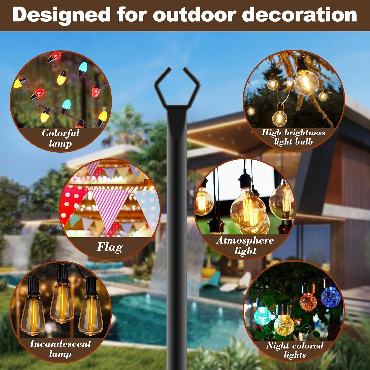 1.3FT 4 Pack Suspension Outdoor String Light Poles for Outside String Lights Hanging,with Clip and Holder,Light Post Mounting Stand for Patio Fence Wall Garden Backyard Deck