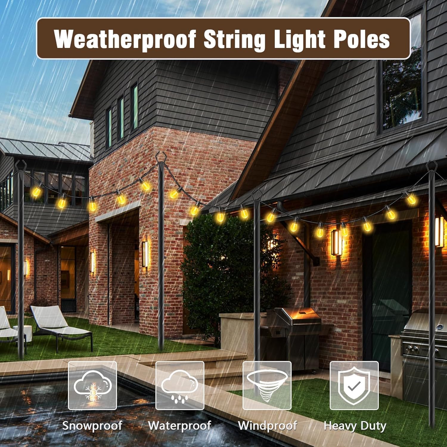 1.3FT 4 Pack Suspension Outdoor String Light Poles for Outside String Lights Hanging,with Clip and Holder,Light Post Mounting Stand for Patio Fence Wall Garden Backyard Deck