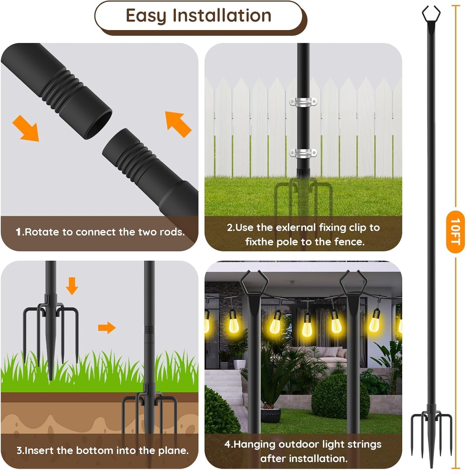 1.3FT 4 Pack Suspension Outdoor String Light Poles for Outside String Lights Hanging,with Clip and Holder,Light Post Mounting Stand for Patio Fence Wall Garden Backyard Deck